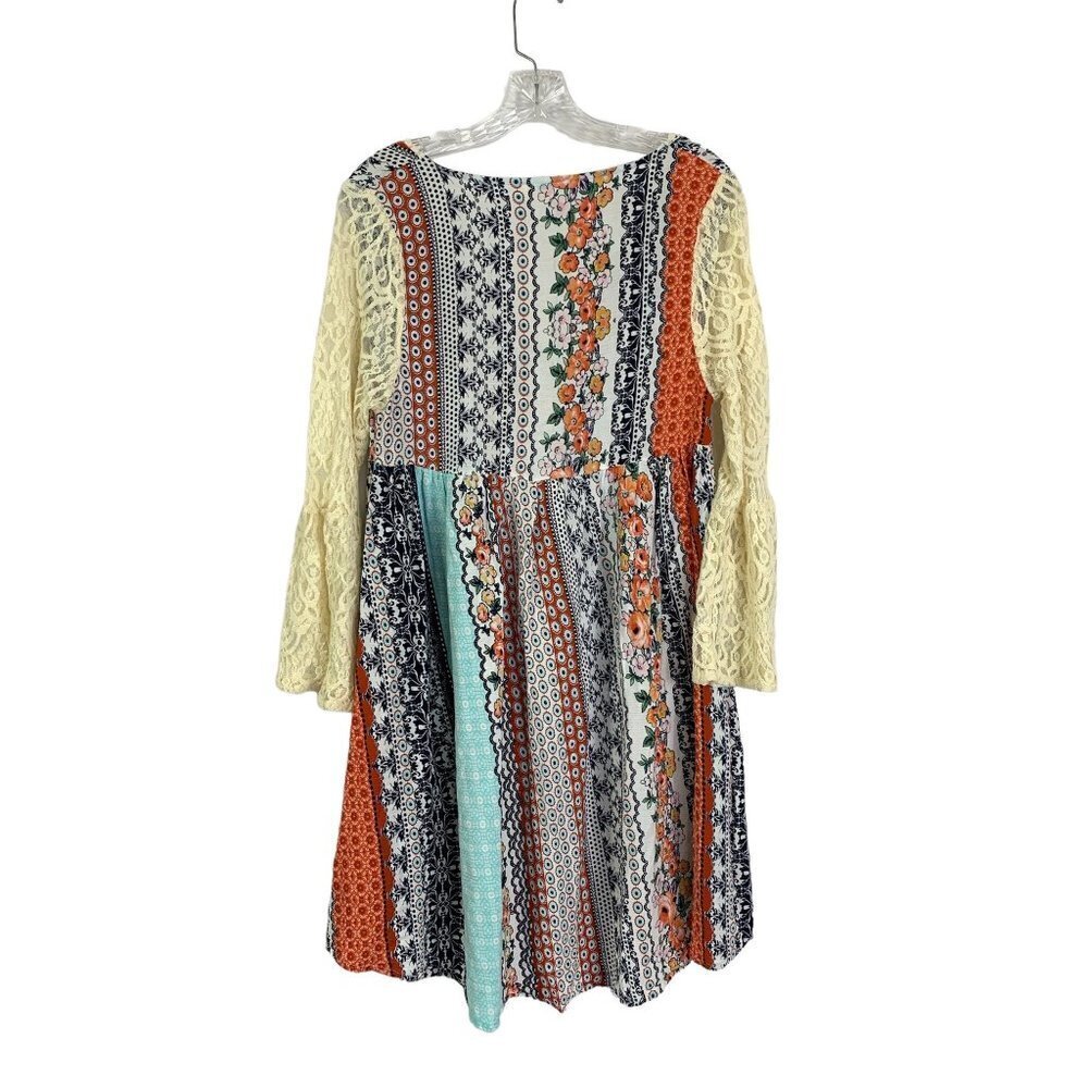Kora America Women's Lace Sleeve Multi Patterned Dress